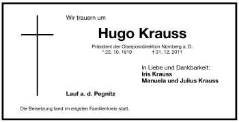 Traueranzeige von Hugo Krauss von Pegnitz-Zeitung